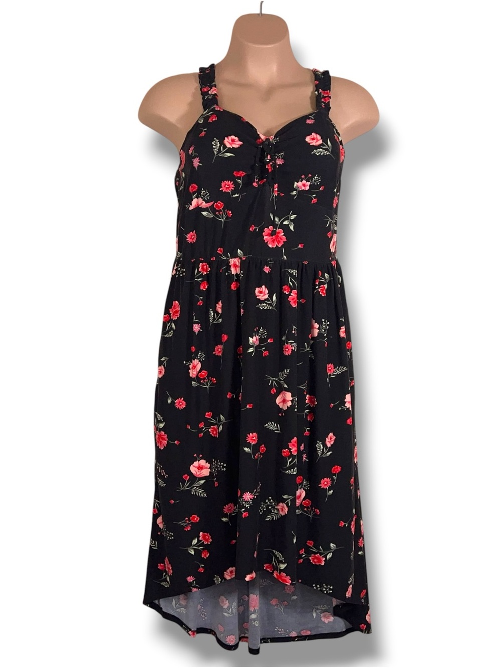 Juniors 21 Black Midi Dress Pink Floral Stretch Flowy Sweetheart Neckline